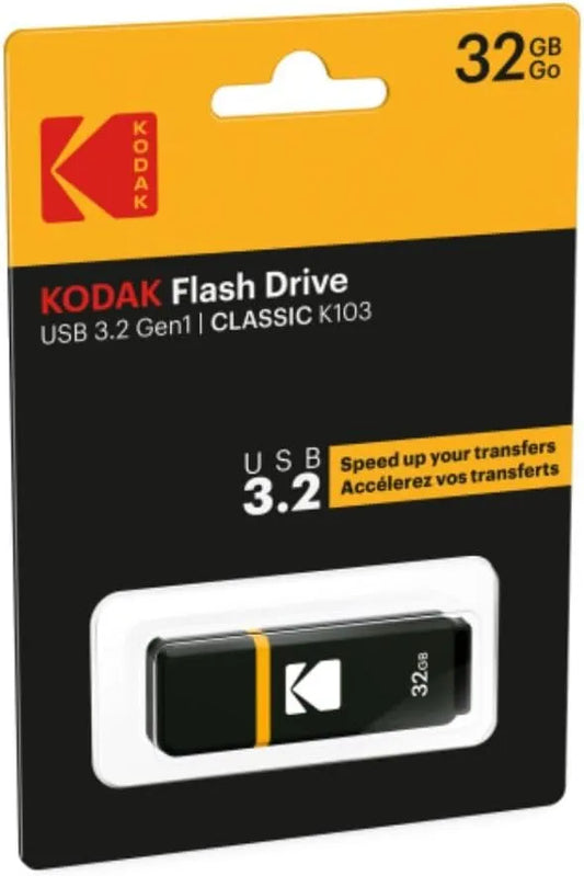 Kodak EKMMD32GK103 - USB Drive 3.2/3.1/3.0-32 GB, 32 Go - Classic Serie - K100 Model - Black mat casing with a Transparent Yellow Neck + a Cap