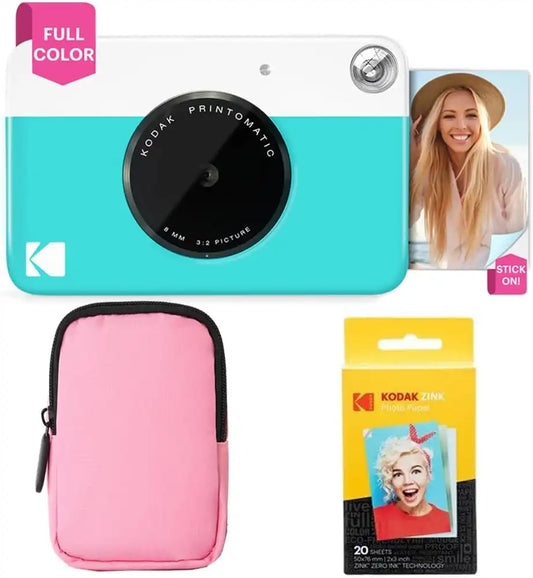 Kodak Printomatic Full-Color Instant Print Camera Starter Bundle + Soft Case + Zink 20pk Photo Paper - Colorful Photos On 2x3 Sticky-Back Paper - Fun Gift for Birthday Christmas Holiday - Blue