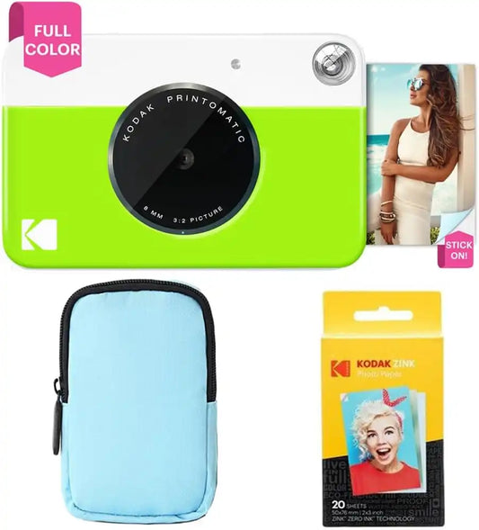 Kodak Printomatic Full-Color Instant Print Camera Starter Bundle + Soft Case + Zink 20 Pack Photo Paper - Colorful Photos On 2x3 Sticky-Back Paper - Fun Gift for Birthday Christmas Holiday - Green