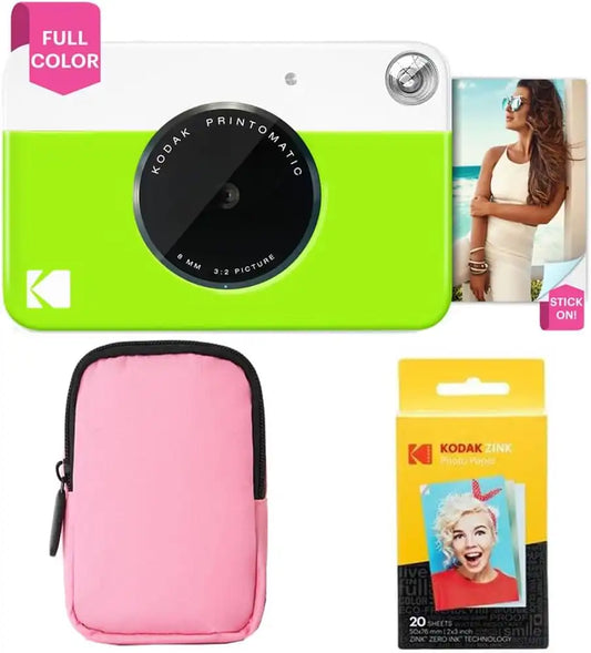 Kodak Printomatic Full-Color Instant Print Camera Starter Bundle + Soft Case + Zink 20pk Photo Paper - Colorful Photos On 2x3 Sticky-Back Paper - Fun Gift for Birthday Christmas Holiday - Green