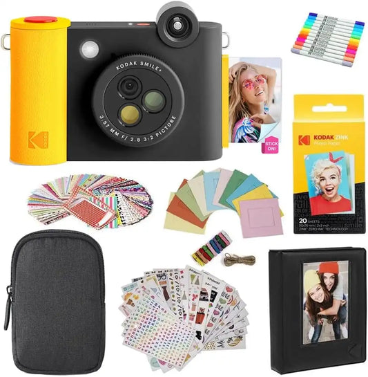 Kodak Smile+ 2-in-1 Digital Instant Print Camera & Photo Printer Gift Bundle + Case + Zink 2x3 Sticky Back Photo Paper 20pk + Album + Sticker Sets + Sticker Frames + Hanging Frames + Markers - Black