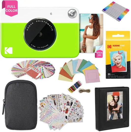 KODAK Printomatic Full-Color Instant Print Digital Camera Colorful Photos On Zink 2x3" Sticky-Back Photo Paper 5MP Gift Bundle: Case + Zink 2x3" 20pk + Album + Stickers + Frames + Markers - Green