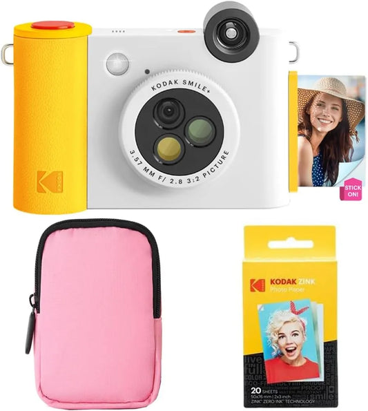 KODAK Smile+ 2-in-1 Digital Instant Print Camera & Wireless Bluetooth Photo Printer Starter Bundle + Soft Case + Zink 20pk Sticky-Back Photo Paper - 10MP, Special-Effect Rotating Lens - White