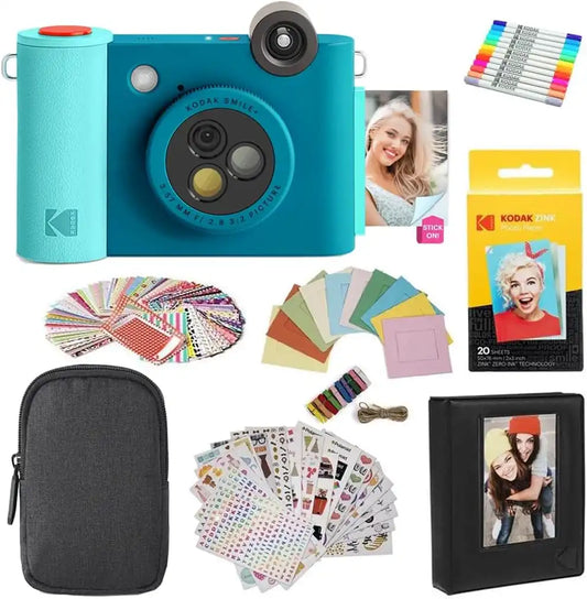 Kodak Smile+ 2-in-1 Digital Instant Print Camera & Photo Printer Gift Bundle + Case + Zink 2x3 Sticky Back Photo Paper 20pk + Album + Sticker Sets + Sticker Frames + Hanging Frames + Markers - Blue