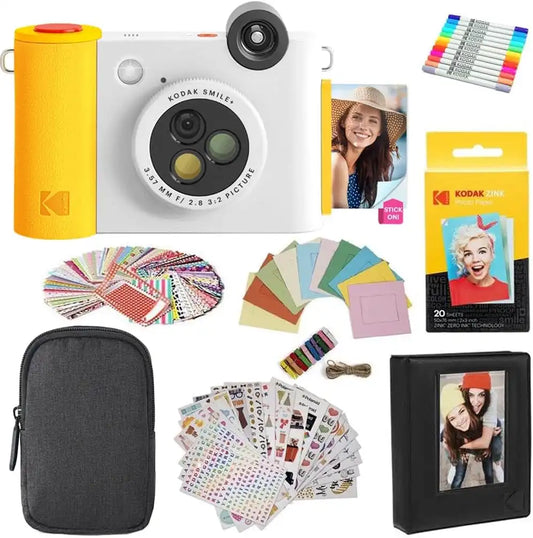 Kodak Smile+ 2-in-1 Digital Instant Print Camera & Photo Printer Gift Bundle + Case + Zink 2x3 Sticky Back Photo Paper 20pk + Album + Sticker Sets + Sticker Frames + Hanging Frames + Markers - White
