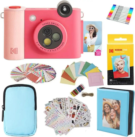 KODAK Smile+ 2-in-1 Digital Instant Print Camera & Printer Gift Bundle + Case + Zink 2x3 Sticky Back Photo Paper 20pk + Album + Sticker Frames + Hanging Frames + Sticker Sets + Markers - Fuchsia