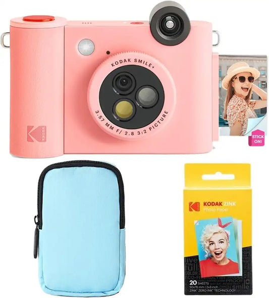 KODAK Smile+ 2-in-1 Digital Instant Print Camera & Wireless Bluetooth Photo Printer Starter Bundle + Deluxe Case + Zink 20pk Sticky-Back Photo Paper - 10MP, Special-Effect Rotating Lens - Pink
