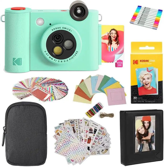 Kodak Smile+ 2-in-1 Digital Instant Print Camera & Photo Printer Gift Bundle + Case + Zink 2x3 Sticky Back Photo Paper 20pk + Album + Sticker Sets + Sticker Frames + Hanging Frames + Markers - Green