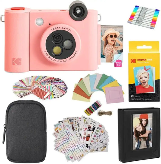 Kodak Smile+ 2-in-1 Digital Instant Print Camera & Photo Printer Gift Bundle + Case + Zink 2x3 Sticky Back Photo Paper 20pk + Album + Sticker Sets + Sticker Frames + Hanging Frames + Markers - Pink