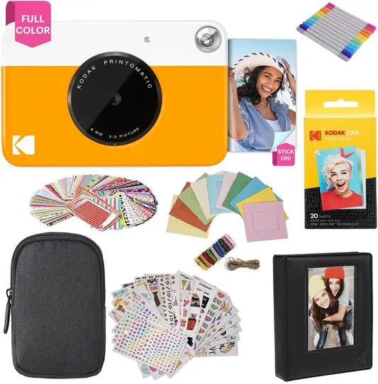 KODAK Printomatic Full-Color Instant Print Digital Camera Colorful Photos On Zink 2x3" Sticky-Back Photo Paper 5MP Gift Bundle: Case + Zink 2x3" 20pk + Album + Stickers + Frames + Markers - Yellow