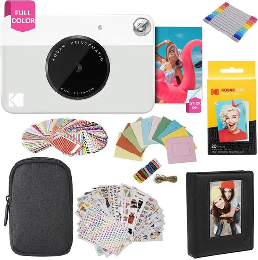 Kodak Printomatic Instant Camera (Grey) Gift Bundle + Zink Paper (20 Sheets) + Deluxe Case + 7 Fun Sticker Sets + Twin Tip Markers + Photo Album.