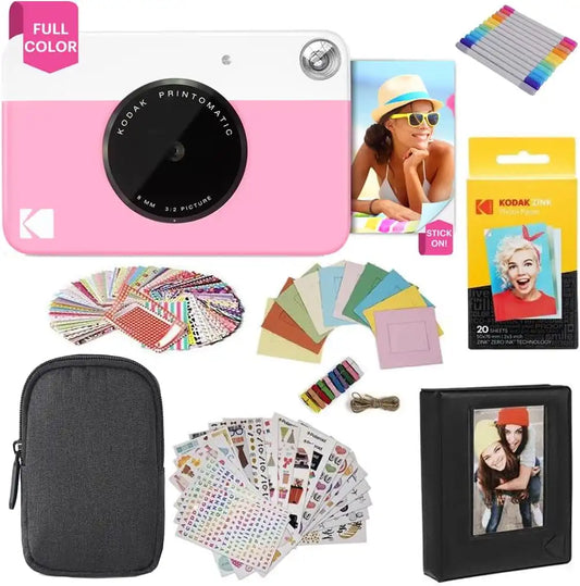 Kodak Printomatic Instant Camera (Pink) Gift Bundle + Zink Paper (20 Sheets) + Deluxe Case + 7 Fun Sticker Sets + Twin Tip Markers + Photo Album + Hanging Frames.