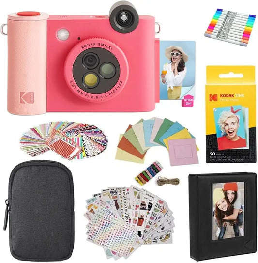 Kodak Smile+ 2-in-1 Digital Instant Print Camera & Printer Gift Bundle + Case + Zink 2x3 Sticky Back Photo Paper 20pk + Album + Sticker Sets + Sticker Frames + Hanging Frames + Markers - Fuchsia
