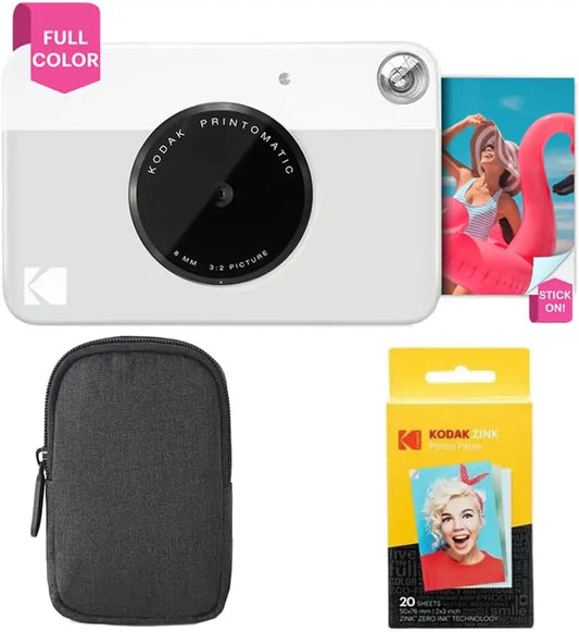 KODAK Printomatic Full-Color Instant Print Camera Starter Bundle + Carrying Case + Zink 20pk Photo Paper - Colorful Photos On 2x3 Sticky-Back Paper - Fun Gift for Birthday Christmas Holiday - Grey