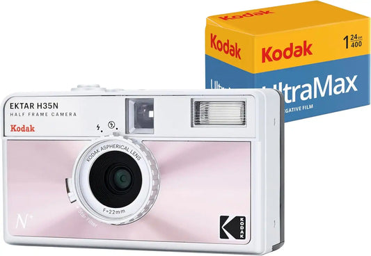 Kodak EKTAR H35N Half Frame Film Camera Bundle with Kodak Ultramax 400/24EXP 35mm Roll Film (Glazed Pink, Bundle)