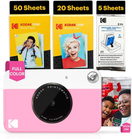 Kodak Printomatic Full-Color Instant Print Digital Camera - 75 Sheets Bundle - Prints On Zink 2x3 Sticky-Back Photo Paper - 5MP, Portable, Creative Fun Gift for Birthday, Christmas, Holiday - Pink
