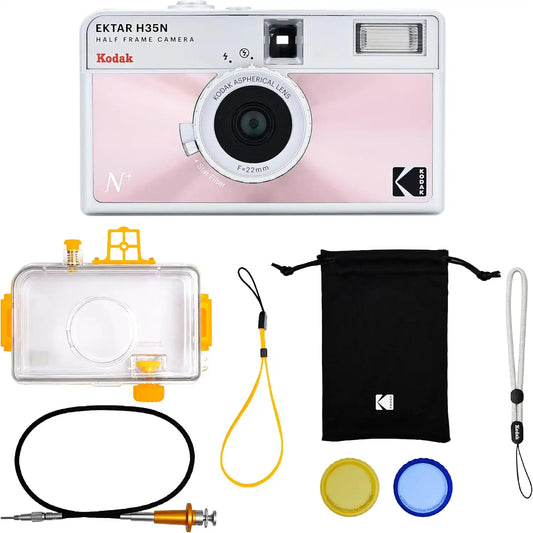 KODAK EKTAR H35N Half Frame Film Camera, 35mm, Reusable, Focus-Free, Bulb Function, Built-in Star Filter, Coated Improved Lens (Film & AAA Battery are not Included) (Glazed Pink, Premium Kit)