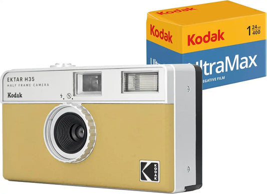 Kodak EKTAR H35 Half Frame 35mm Camera, Reusable, Focus-Free, Lightweight, Easy to Use (AAA Battery Not Included) (Sand, Bundle with 24-Exposure Film)