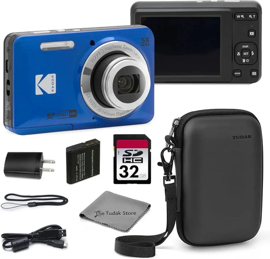 Kodak PIXPRO FZ55 Blue 16MP CMOS Sensor Digital Camera 5X Optical Zoom 28mm Wide Angle 1080P Full HD Video 2.7" LCD Vlogging Camera Bundle with Tudak Compatible Case, 32GB SD Card & Microfiber Cloth