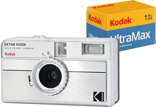 Kodak EKTAR H35N Half Frame Film Camera Bundle with Kodak Ultramax 400/24EXP 35mm Roll Film (Striped Silver, Bundle)