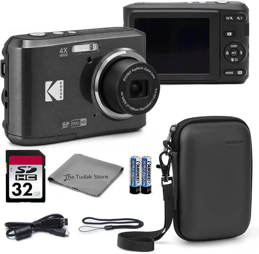 Kodak PIXPRO FZ45 Digital Camera Black, 16MP Point & Shoot with 4X Optical Zoom, 27mm Wide Angle, 2.7 Inch LCD, 1080p Video Bundle with Tudak Compatible Camera Case 32GB SD Card, & Microfiber Cloth