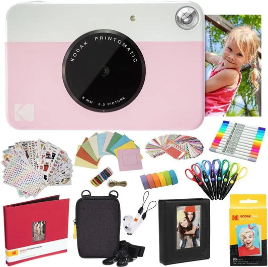 KODAK Printomatic Instant Camera (Pink) All-in-Bundle + Zink Paper (20 Sheets) + Deluxe Case + Photo Album + 7 Unique Sticker Sets + Markers + Scissors + Border Stickers and So Much More