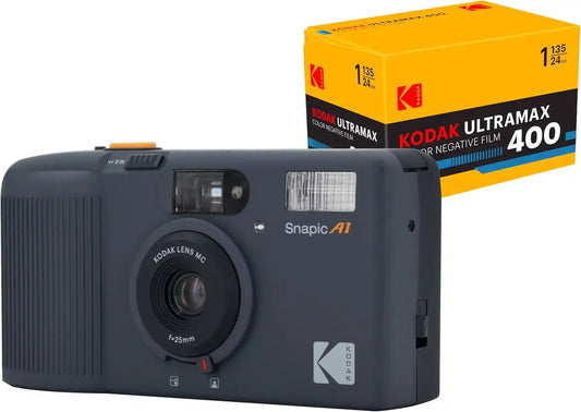 KODAK Snapic A1 35mm Film Camera, Reusable, 2-Zone Focus, Lightweight, Compact (Rhino Grey) Bundle with Kodak Ultramax 400/24EXP 35mm Roll Film