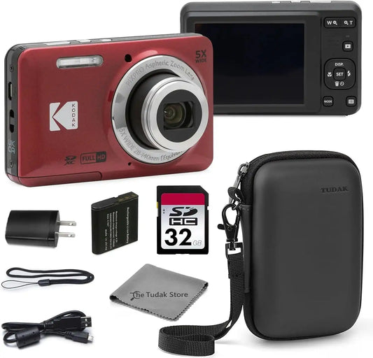 Kodak PIXPRO FZ55 Red 16MP CMOS Sensor Digital Camera 5X Optical Zoom 28mm Wide Angle 1080P Full HD Video 2.7" LCD Vlogging Camera Bundle with Tudak Compatible Case, 32GB SD Card & Microfiber Cloth