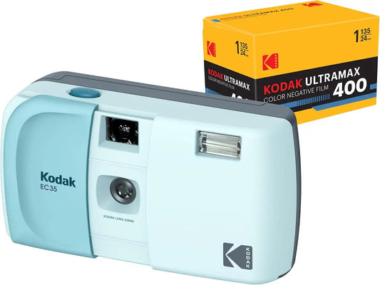 KODAK EC35 35mm Film Camera 35mm, Reusable, Focus-Free, Built-in Flash, Slide Cover, Beginner Friendly (Powder Blue) Bundle with Kodak Ultramax 400/24EXP 35mm Roll Film