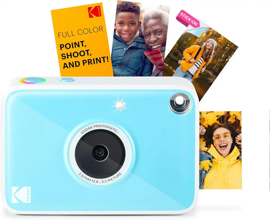 KODAK Printomatic+ Instant Print Digital Camera (Blue) 10MP Portable Camera with Interactive RGB LED Status Indicator, Prints Full-Color Photos on Zink 2x3” Sticky-Backed Photo Paper - Easy & Fun