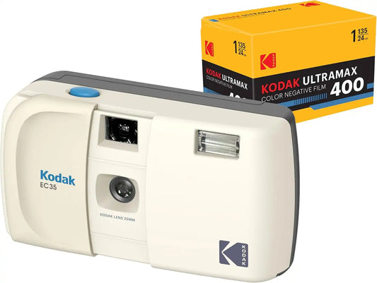 KODAK EC35 35mm Film Camera 35mm, Reusable, Focus-Free, Built-in Flash, Slide Cover, Beginner Friendly (Vanilla White) Bundle with Kodak Ultramax 400/24EXP 35mm Roll Film