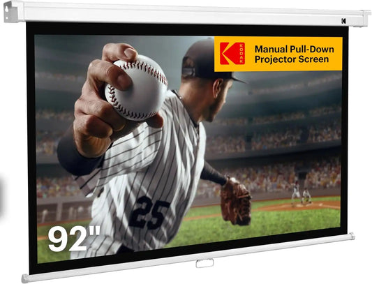 Kodak Manual Pull-Down White Projector Screen 92" Inch | Large 16:9 Office, Home Movie Theater Screen with Wall & Ceiling Mount Options, Easy-Clean Matte Fabric & Retractable Hanging Design | Indoor.