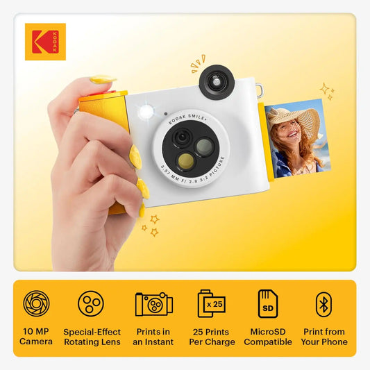 KODAK Smile+ 2-in-1 Digital Instant Print Camera & Wireless Bluetooth Photo Printer Starter Bundle + Deluxe Case + Zink 20pk Sticky-Back Photo Paper - 10MP, Special-Effect Rotating Lens - White
