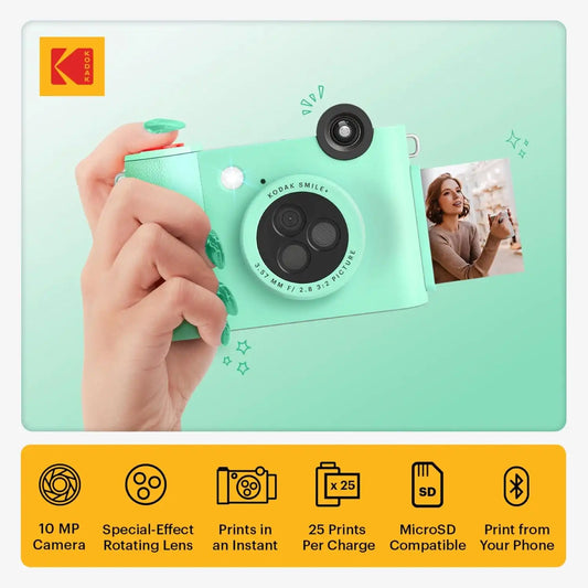 Kodak Smile+ 2-in-1 Digital Instant Print Camera & Wireless Bluetooth Photo Printer Starter Bundle + Carrying Case + Zink 20pk Sticky-Back Photo Paper - 10MP, Special-Effect Rotating Lens - Green