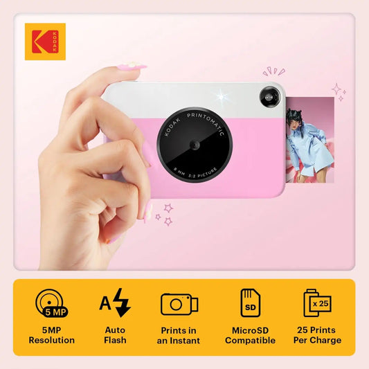Kodak Printomatic Instant Camera (Pink) Gift Bundle + Zink Paper (20 Sheets) + Deluxe Case + 7 Fun Sticker Sets + Twin Tip Markers + Photo Album + Hanging Frames.