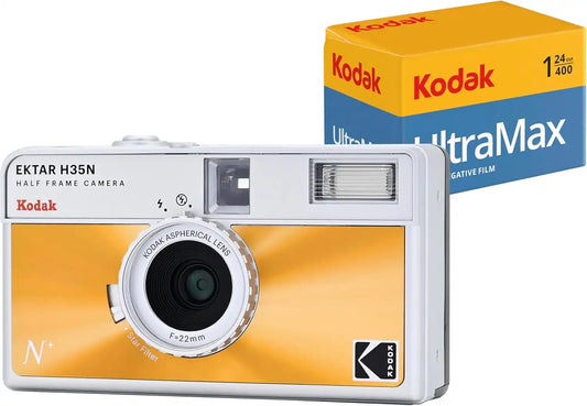Kodak EKTAR H35N Half Frame Film Camera Bundle with Kodak Ultramax 400/24EXP 35mm Roll Film (Glazed Orange)