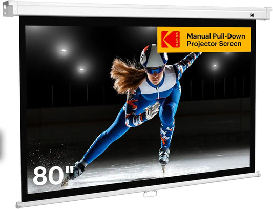 Kodak Manual Pull-Down White Projector Screen 80" Inch | Large 16:9 Office, Home Movie Theater Screen with Wall & Ceiling Mount Options, Easy-Clean Matte Fabric & Retractable Hanging Design | Indoor.