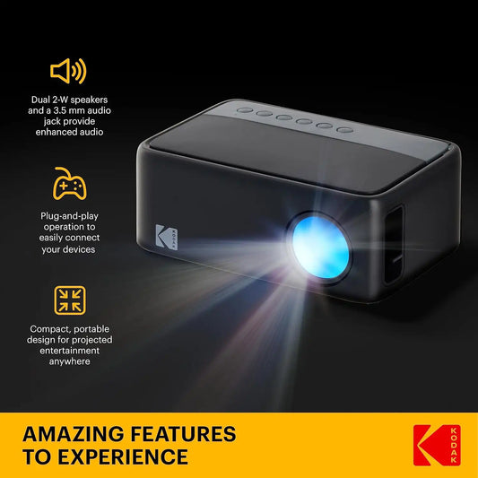 KODAK FLIK X1 Mini Projector, Black, HDMI, USB, Up to 100-Inch
