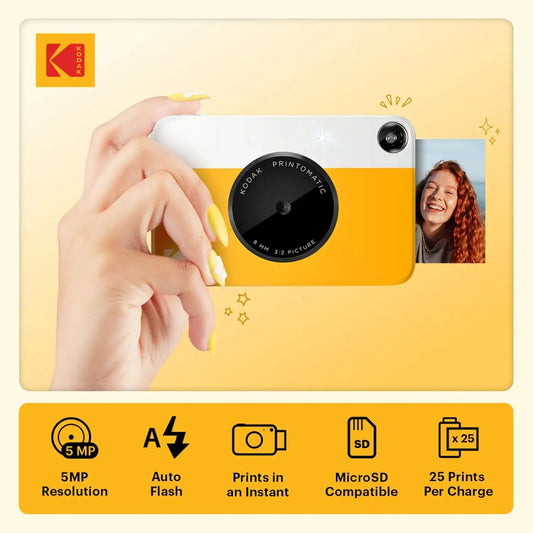 KODAK Printomatic Full-Color Instant Print Digital Camera Colorful Photos On Zink 2x3" Sticky-Back Photo Paper 5MP Gift Bundle: Case + Zink 2x3" 20pk + Album + Stickers + Frames + Markers - Yellow