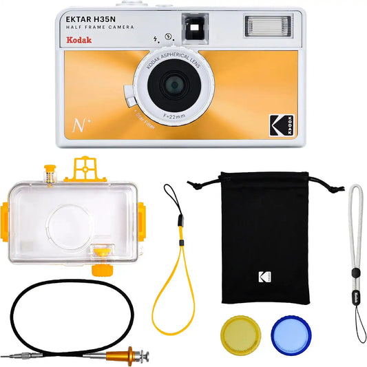 KODAK EKTAR H35N Half Frame Film Camera, 35mm, Reusable, Focus-Free, Bulb Function, Built-in Star Filter, Coated Improved Lens (Film & AAA Battery are not Included) (Glazed Orange, Premium Kit)