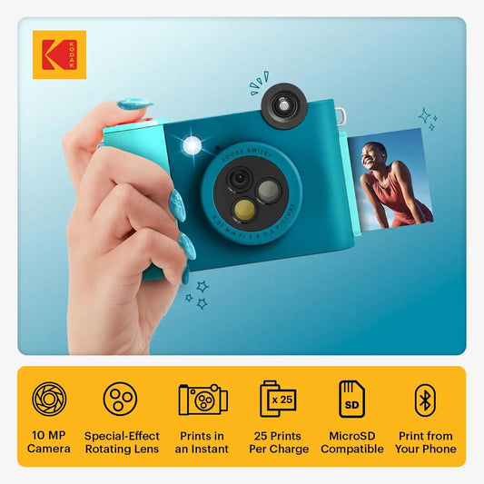Kodak Smile+ 2-in-1 Digital Instant Print Camera & Wireless Bluetooth Photo Printer - 10MP, Special-Effect Rotating Lens, Zink 2x3” Sticky-Back Photos, Print via Fun App from Smart Devices - Blue