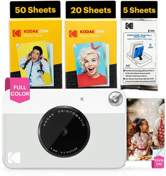 Kodak Printomatic Full-Color Instant Print Digital Camera - 75 Sheets Bundle - Prints On Zink 2x3 Sticky-Back Photo Paper - 5MP, Portable, Creative Fun Gift for Birthday, Christmas, Holiday - Grey