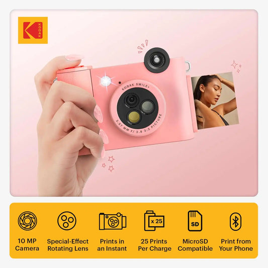KODAK Smile+ 2-in-1 Digital Instant Print Camera & Photo Printer Gift Bundle + Case + Zink 2x3 Sticky Back Photo Paper 20pk + Album + Sticker Frames + Hanging Frames + Sticker Sets + Markers - Pink