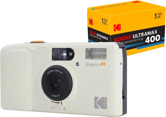 KODAK Snapic A1 35mm Film Camera 35mm, Reusable, 2-Zone Focus, Lightweight, Compact (Ivory White) Bundle with Kodak Ultramax 400/24EXP 35mm Roll Film