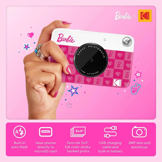 Kodak x Barbie Printomatic Full-Color Instant Print Digital Camera, 5MP Portable Barbie Camera, Zink 2x3 (5.1x7.5 cm) Sticky-Back Photo Paper, Gift for Christmas, Holiday, Birthday, Iconic Style