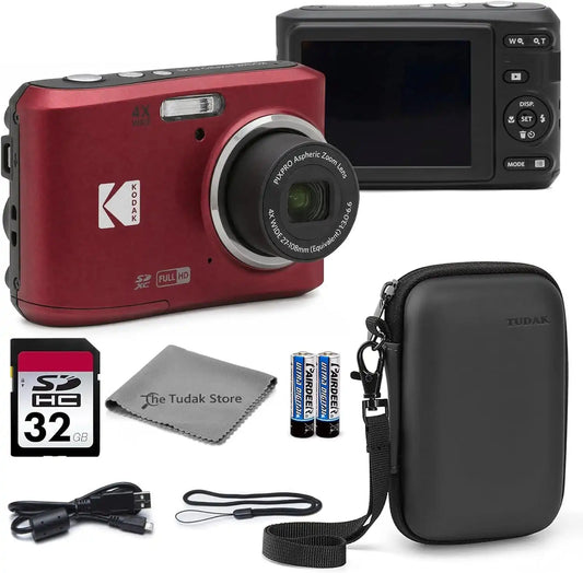 Kodak PIXPRO FZ45 Digital Camera Red, 16MP Point & Shoot with 4X Optical Zoom, 27mm Wide Angle, 2.7 Inch LCD, 1080p Video Bundle with Tudak Compatible Camera Case 32GB SD Card, & Microfiber Cloth
