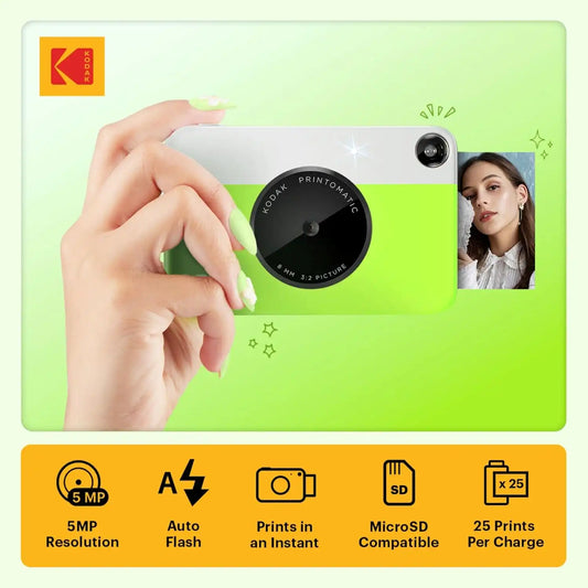 KODAK Printomatic Full-Color Instant Print Digital Camera Colorful Photos On Zink 2x3" Sticky-Back Photo Paper 5MP Gift Bundle: Case + Zink 2x3" 20pk + Album + Stickers + Frames + Markers - Green
