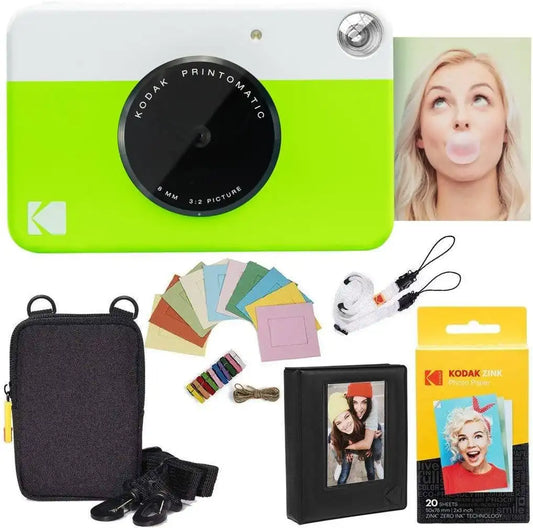 Kodak Printomatic Instant Camera Bundle (Green) Zink Paper (20 Sheets) - Case - Photo Album - Hanging Frames.