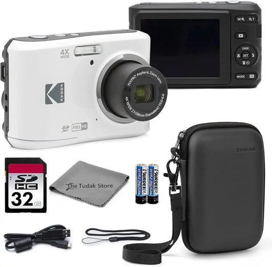 Kodak PIXPRO FZ45 Digital Camera White, 16MP Point & Shoot with 4X Optical Zoom, 27mm Wide Angle, 2.7 Inch LCD, 1080p Video Bundle with Tudak Compatible Camera Case 32GB SD Card, & Microfiber Cloth
