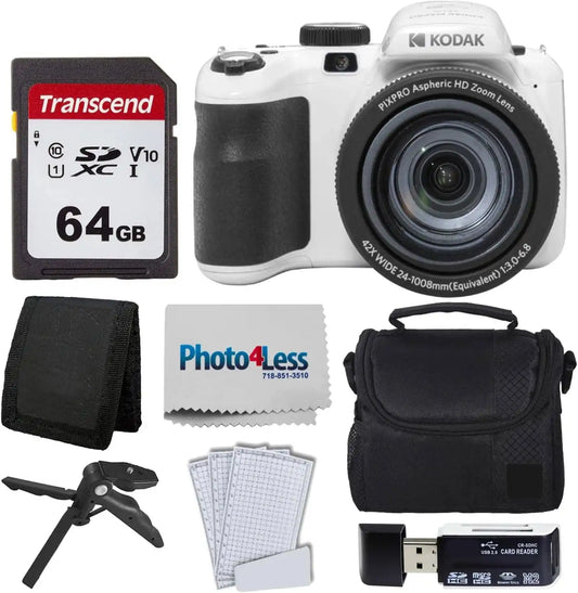 Kodak PIXPRO AZ425 Digital Camera + 64GB Memory Card + Camera Case (Black) + USB Card Reader + Table Tripod + Accessories (White)